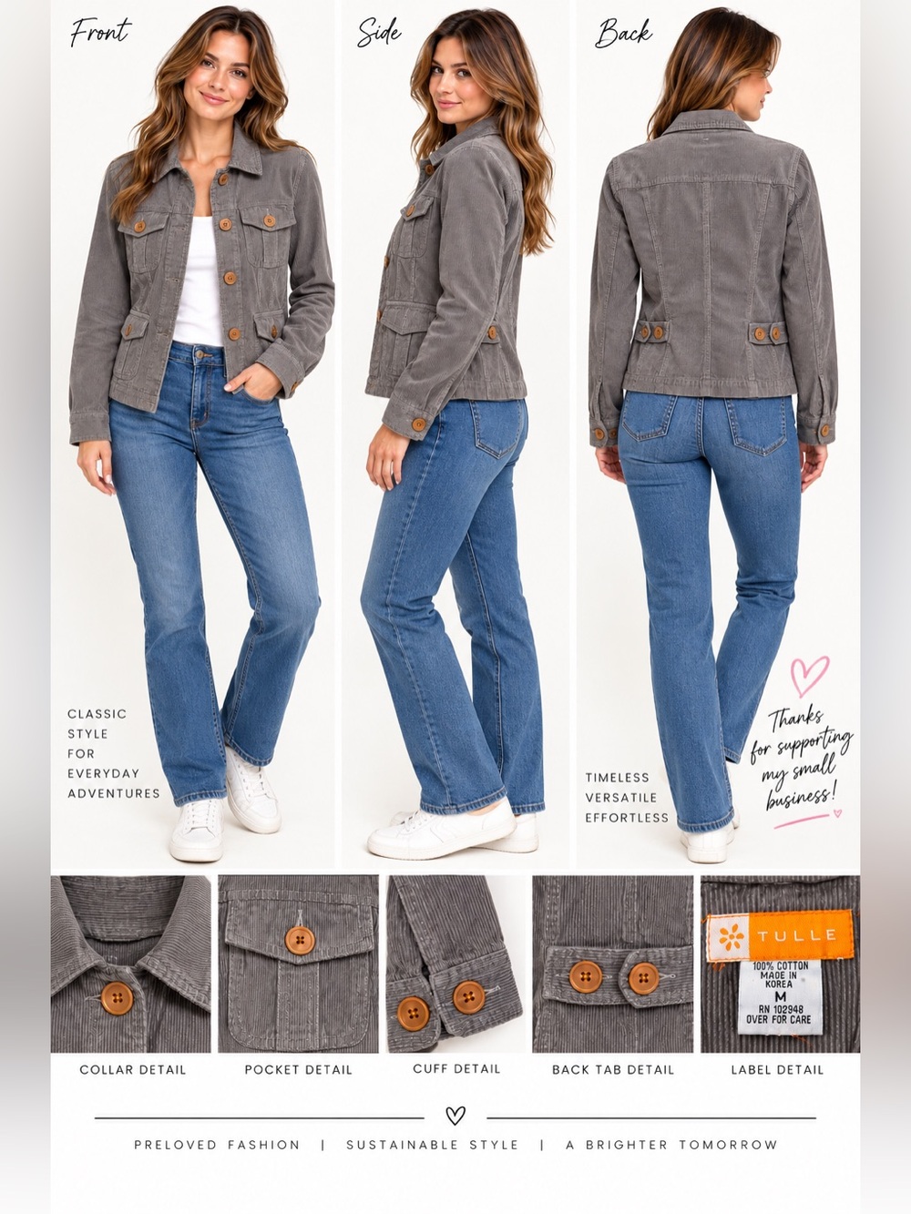 Tulle Women’s Medium Gray Corduroy Utility Jacket 4 Pocket Y2K Safari